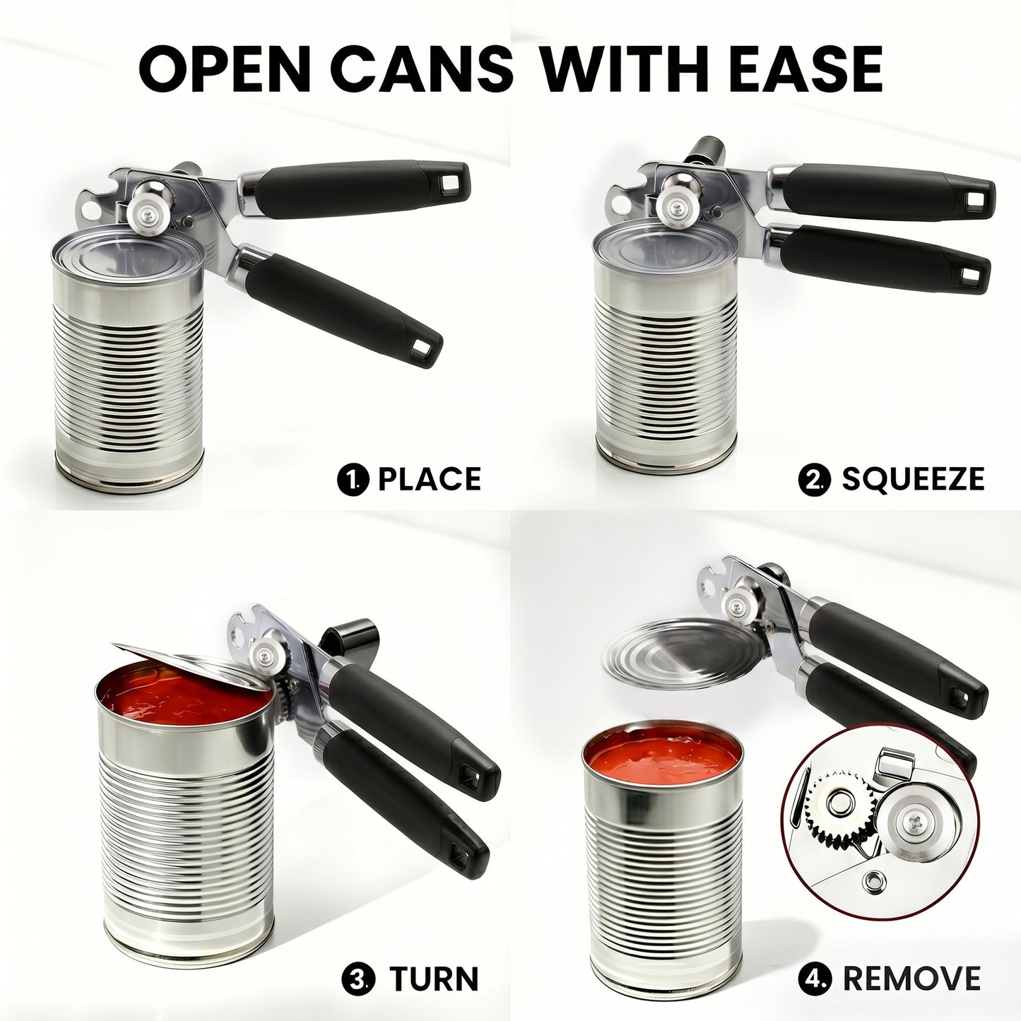 M Buder Can Opener Manual, Stainless Steel Can Opener with Smooth Edge, Ergonomic Handle, Black
