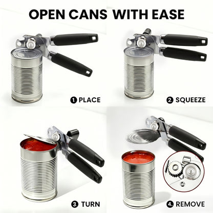M Buder Can Opener Manual, Stainless Steel Can Opener with Smooth Edge, Ergonomic Handle, Black