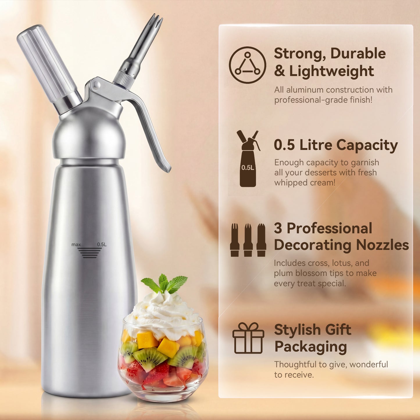 M Buder Whipped Cream Dispenser, Whip Cream Maker 500mL for Desserts Gourmet Cream Whipper with 3 Decorating Nozzles, Cleaning Brush, Silver