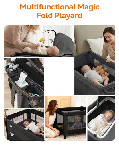 RUPOUN Baby Playards, Foldable Nursery Center Playpen and Toy Mobile, Portable Travel Bassinet, Locking Wheels, Gray