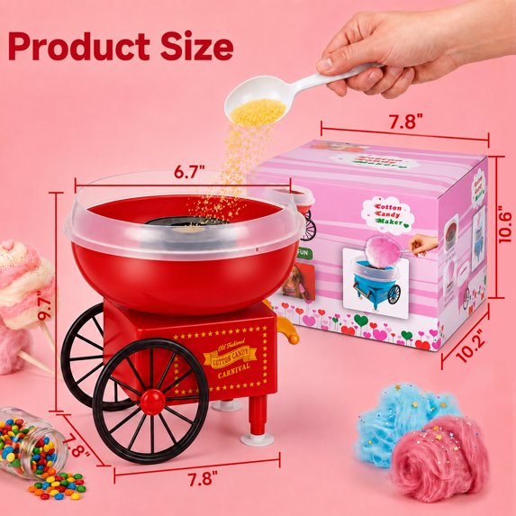 Suodoka Retro Cotton Candy Maker, Vintage Cart Candy Floss Machine for Parties and Events, Includes Sticks and Scoop, Red