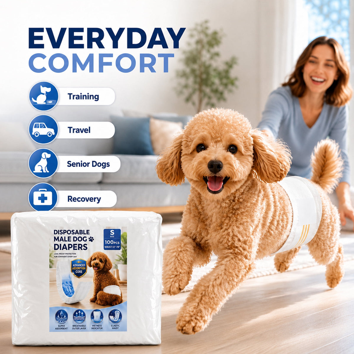 Sunypet Disposable Male Dog Wraps with Stretchy Waistband, Small, 100 Count – Leak-Resistant & Absorbent for Training, Travel, Excitable Urination