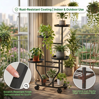 OHHANI 5-Tier Metal Plant Stand with Wheels, Tall Indoor/Outdoor Corner Flower Pot Display Shelf, Matte Black