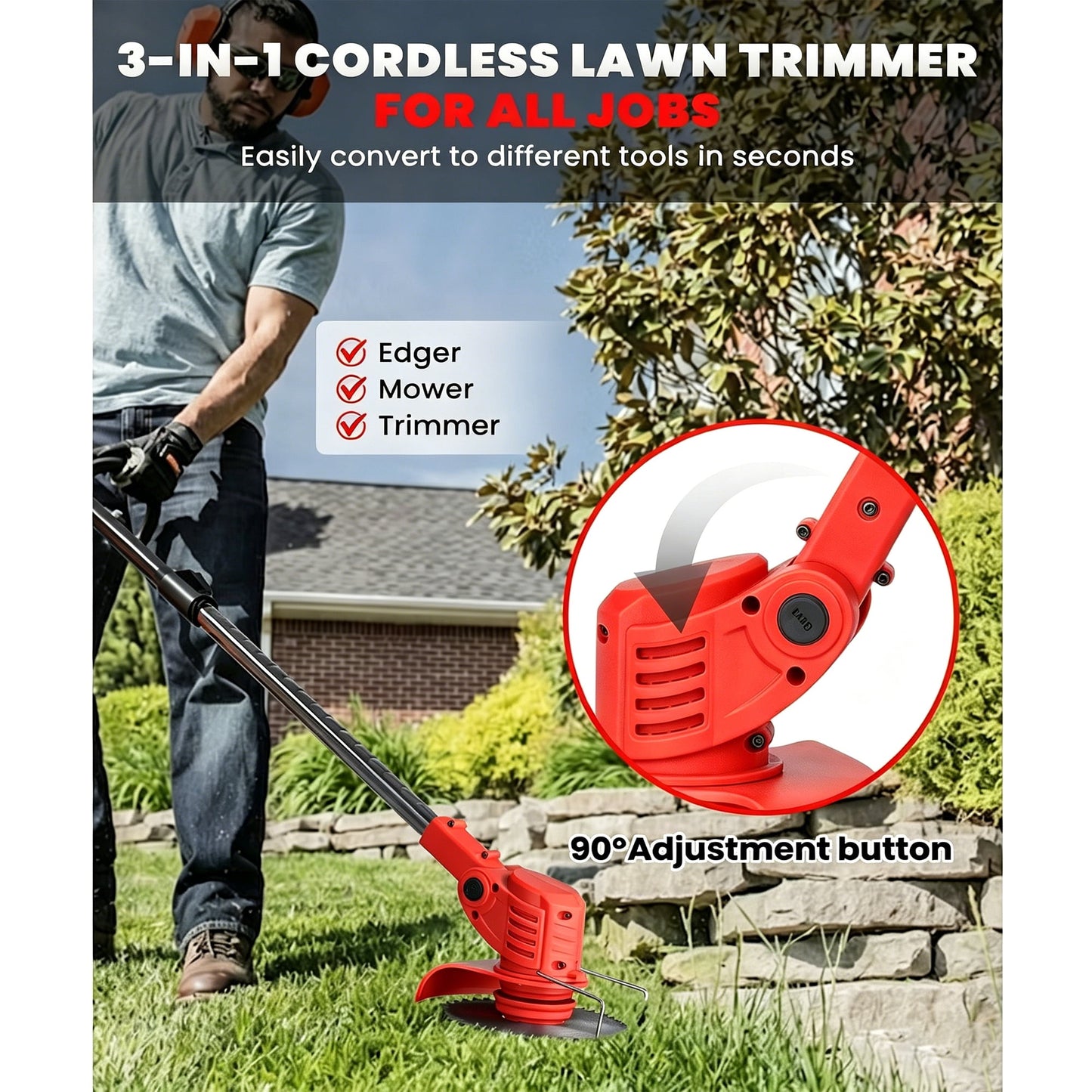 HOTREE 12-Inch 21V Cordless Weed Wacker & String Trimmer, 3-in-1 Lightweight Brush Cutter with 2 Batteries (2.0Ah), Red