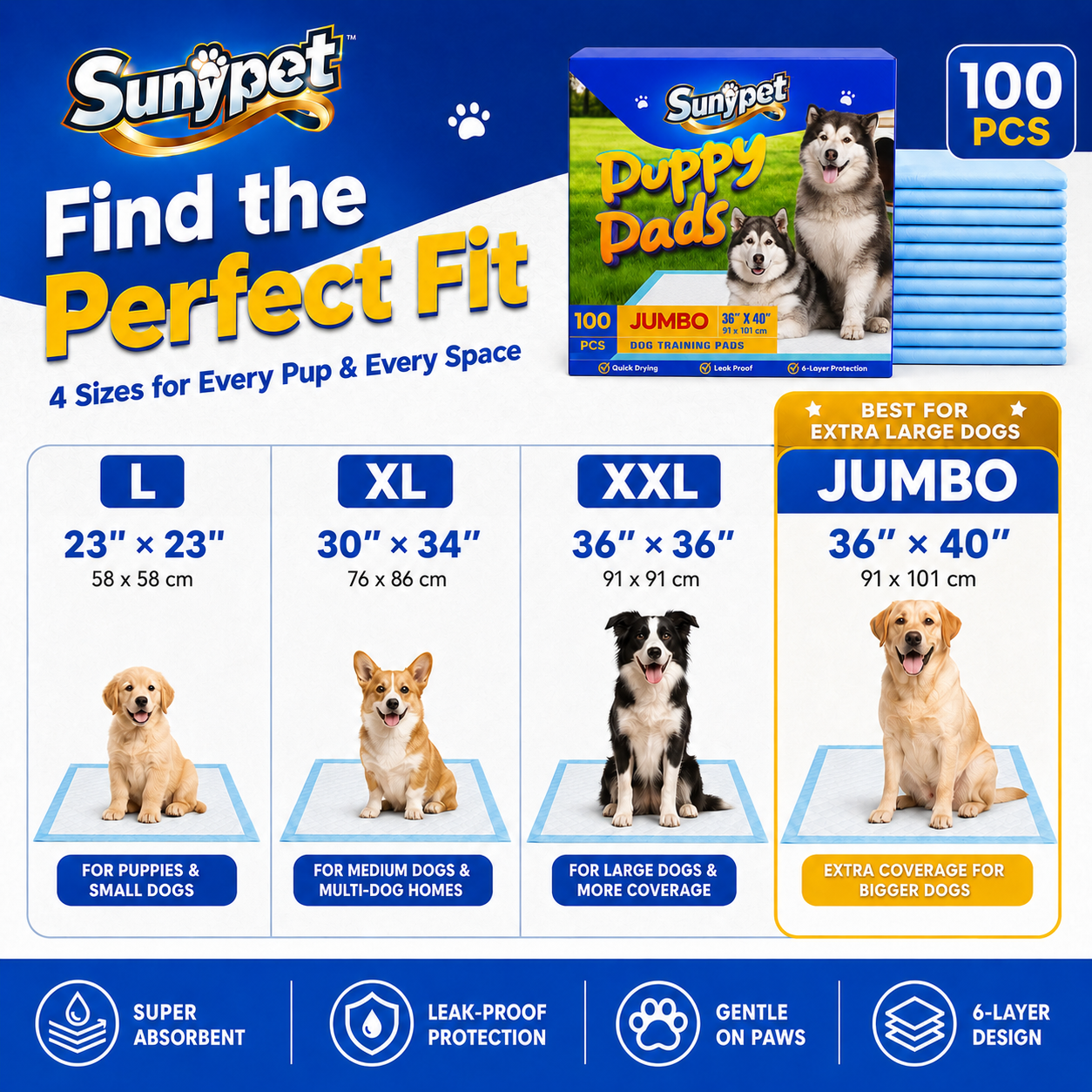 Sunypet Puppy Pads Disposable Dog Potty Training Pads, Quick Dry, Ultra Absorbent,Jumbo 36"x40", 100ct