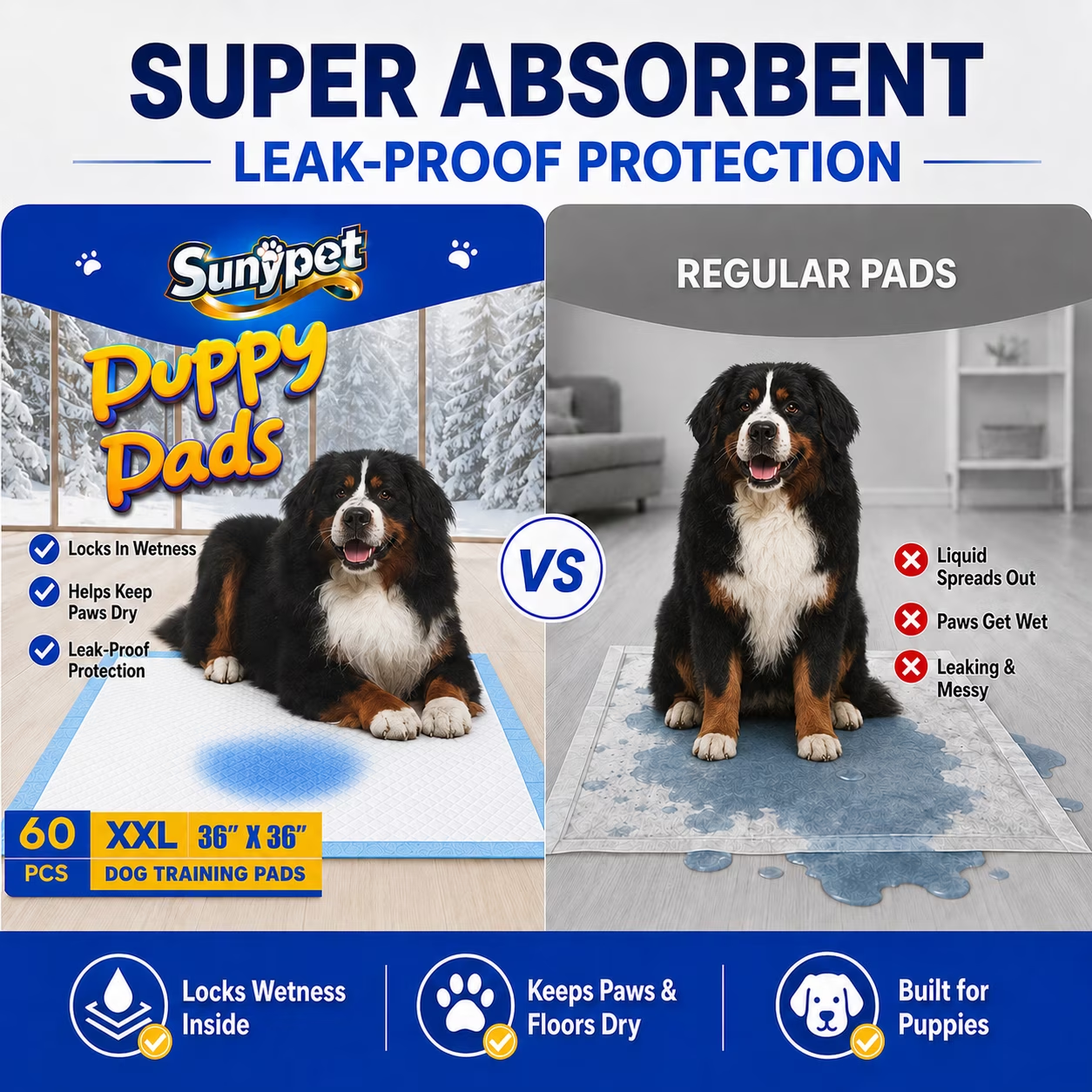 Sunypet Puppy Pads Disposable Dog Potty Training Pads, Quick Dry, Ultra Absorbent, XXL 36" x 36", 60ct