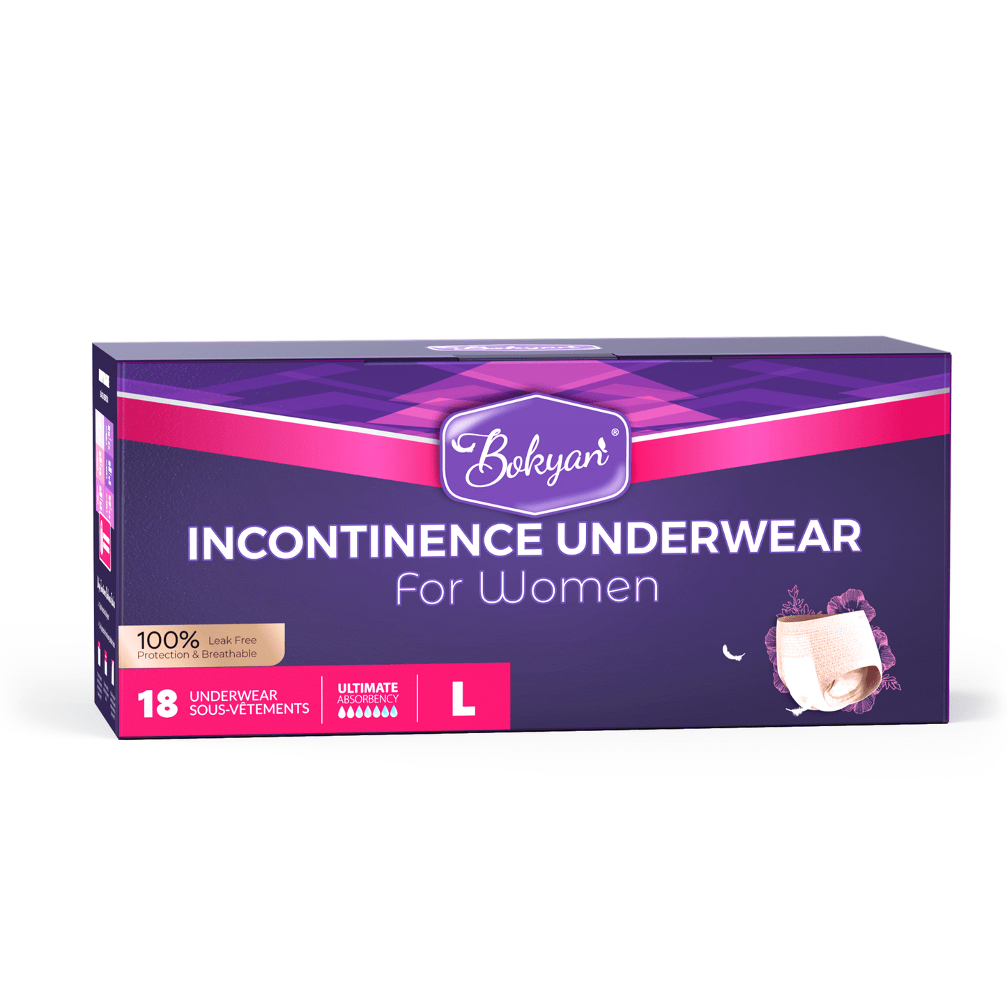 Bokyan Adult Incontinence Underwear for Women,Postpartum Bladder Leak Underwear,Disposable,L,18 Ct