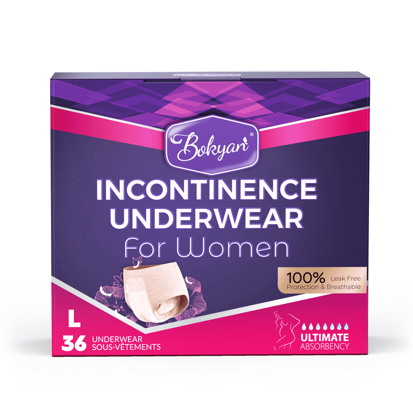 Bokyan Adult Incontinence Underwear for Women,Postpartum Bladder Leak Underwear,Disposable,L,36 Ct