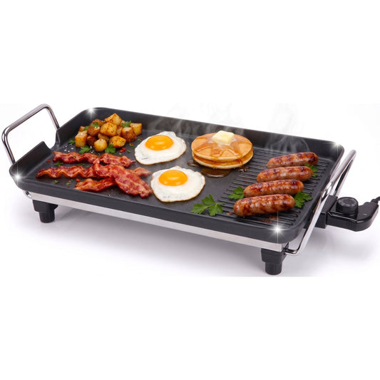 CASUALIFE 2-in-1 Electric Griddle & Indoor Grill, Non-Stick Large Cooking Surface with 5 Adjustable Temperature Controls for Pancakes, BBQ and Burgers, Black