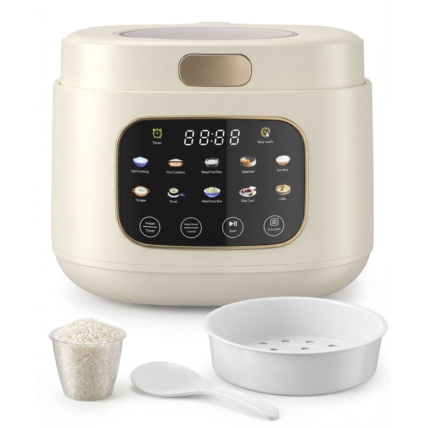 Casualife 12-Cups/4.3QT Rice Cooker with Steamer & Keep Warm, 10-in-1 Multicooker，24-Hour Timer，Non-Stick Inner Pot, White