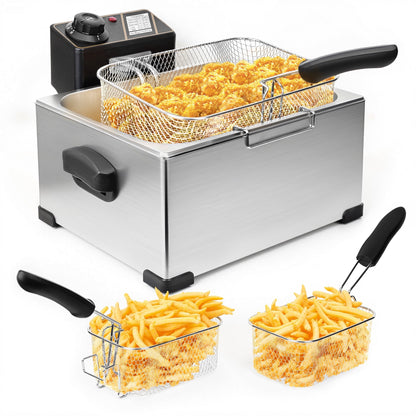 Casualife Deep Fryer with Dual Baskets, 6QT Electric Fryer with Adjustable Temp & Timer, Nonstick Tank for Chicken & Fries