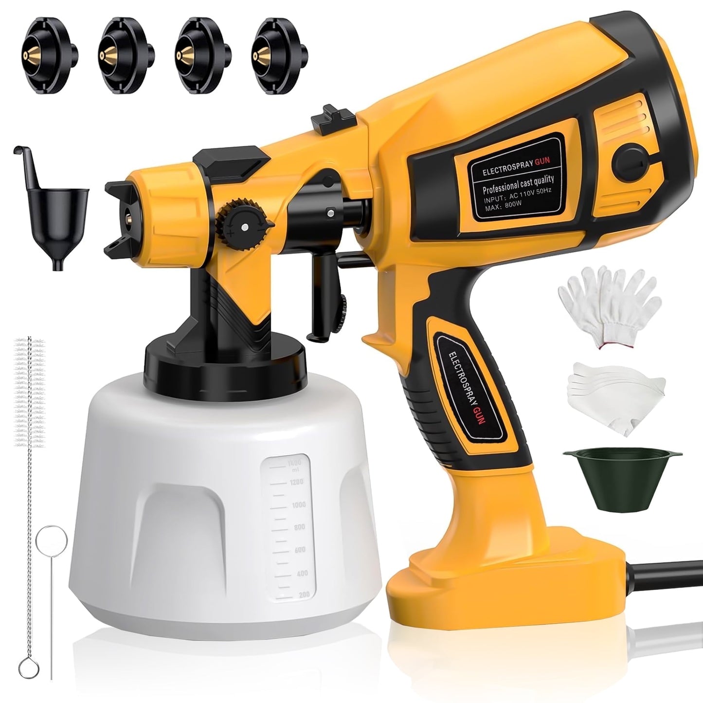 HOTREE Electric Paint Sprayer Gun, 800W HVLP Spray Gun with 1400ml Tank, 4 Nozzles, 3 Patterns, for Furniture, Walls, Fences, Cabinets