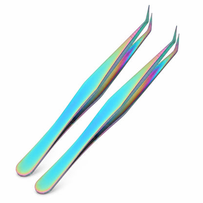 GONCON 2PCS Professional Eyelashes Tweezers Stainless Steel Lashes Extensions Grafting Makeup Tools, Curved Tip Precision Tweezer, Multicolor (12.5cm / 4.9in) for False Lash Application and Nail Art