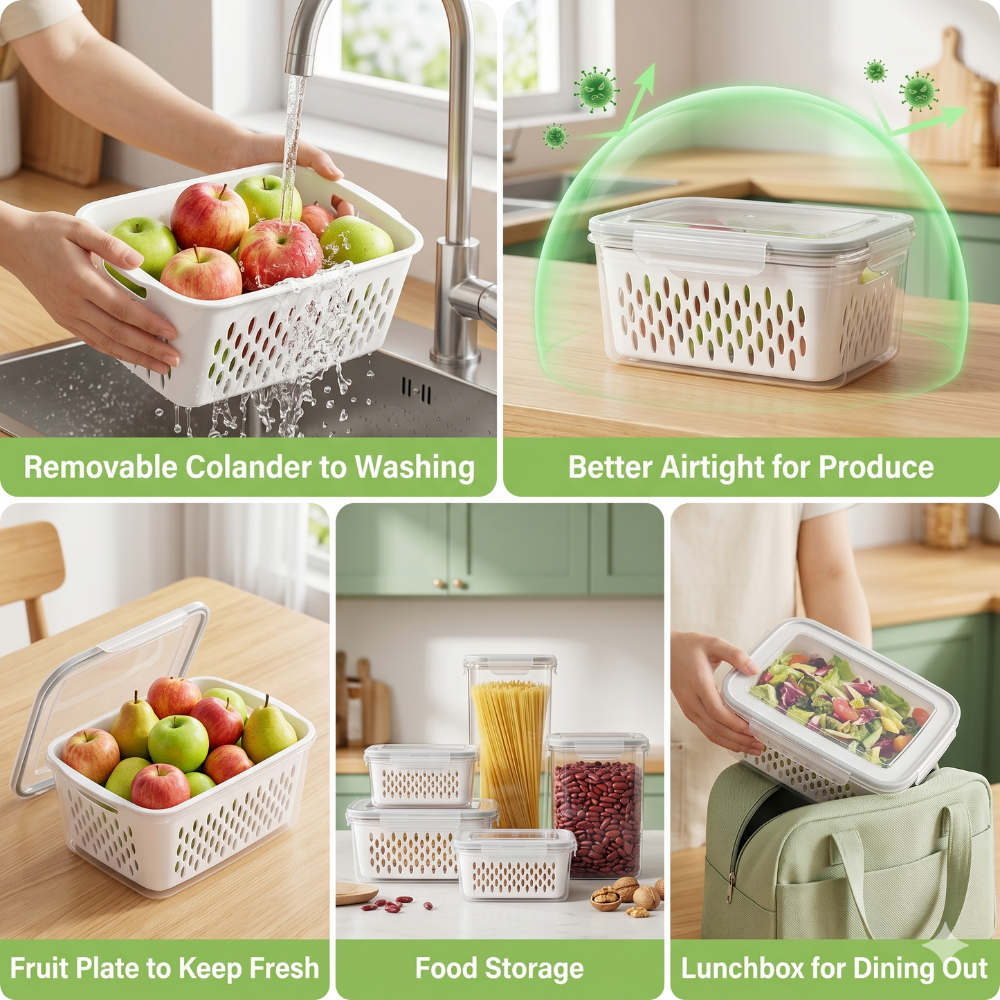 M Buder Fruit Storage Containers for Fridge, 3 PCS Leakproof Food Storage Containers with Removable Colander, Produce Containers keep Fruits, Vegetables, Snacks and Food Fresh Longer