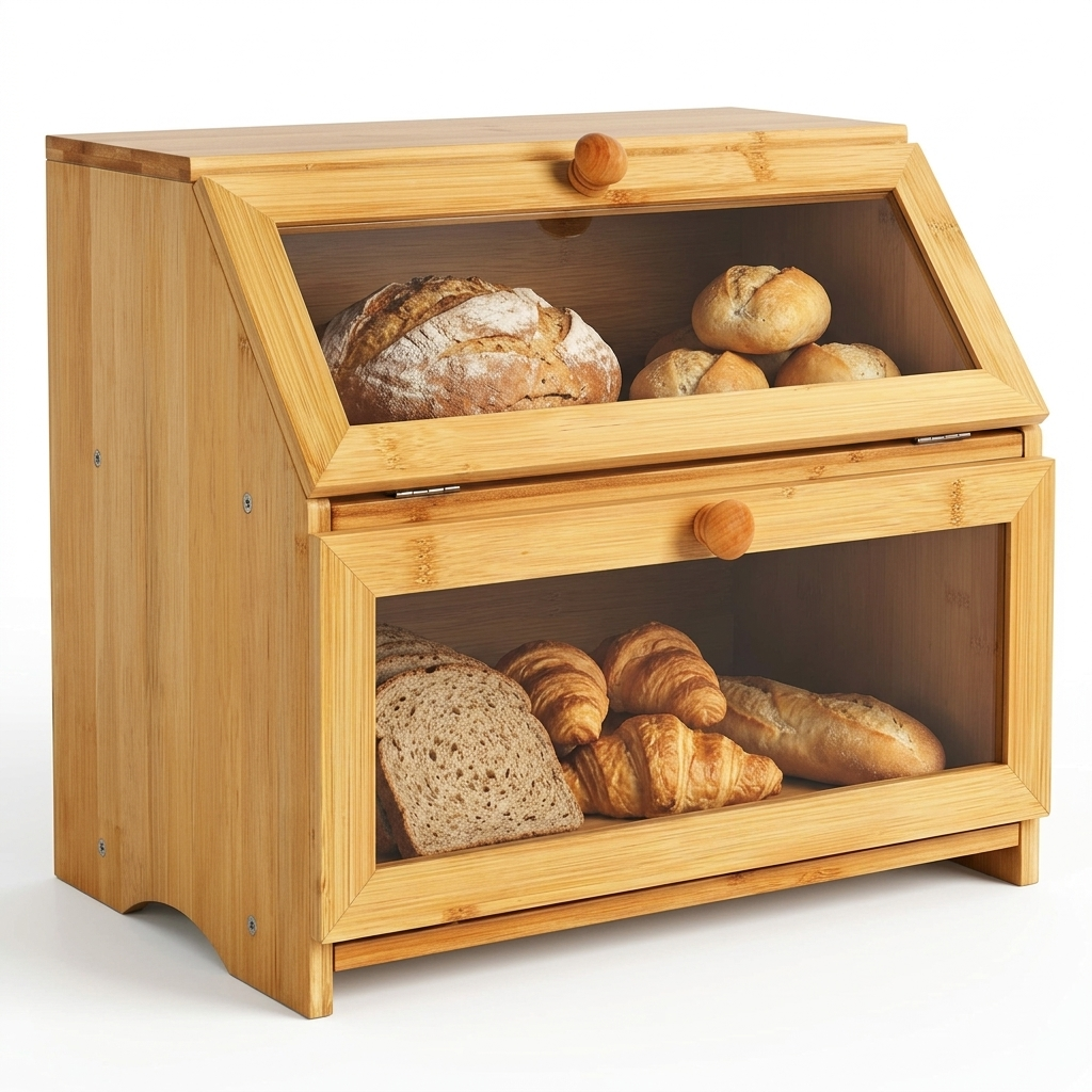 M Buder 2-Layer Wood Bread Box, Bamboo Bread Box for Kitchen Counters, Wooden Bread Storage Organizer with Clear Acrylic Doors, Ventilation and Flat Top
