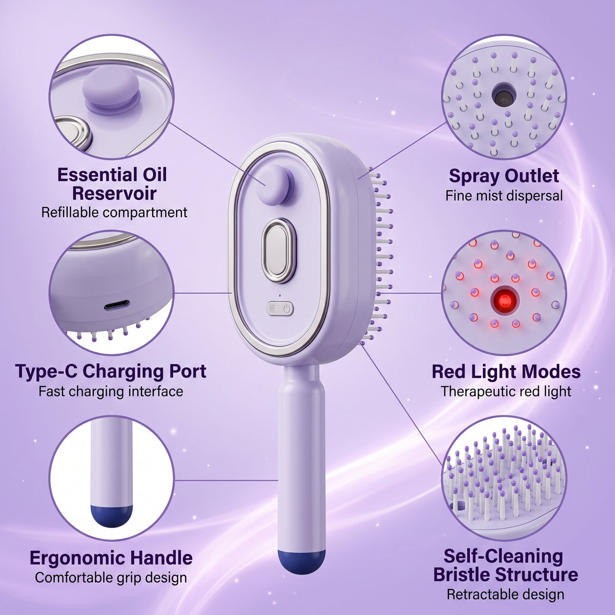 BOKYAN Electric Spray Air Cushion Massage Comb, 3-in-1 Electric Spray Massage Comb, Electric Steam Brush with Red Light Therapy, Fine Mist Spray, Retractable Design for Hair Care
