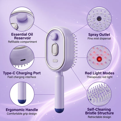 BOKYAN Electric Spray Air Cushion Massage Comb, 3-in-1 Electric Spray Massage Comb, Electric Steam Brush with Red Light Therapy, Fine Mist Spray, Retractable Design for Hair Care
