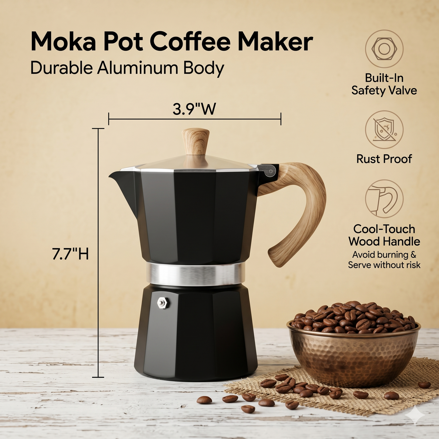 M Buder 6 Cup Moka Pot, Stovetop Espresso Pots, Italian Coffee Maker, 10oz Moka Express for Camping, Aluminium, Beige