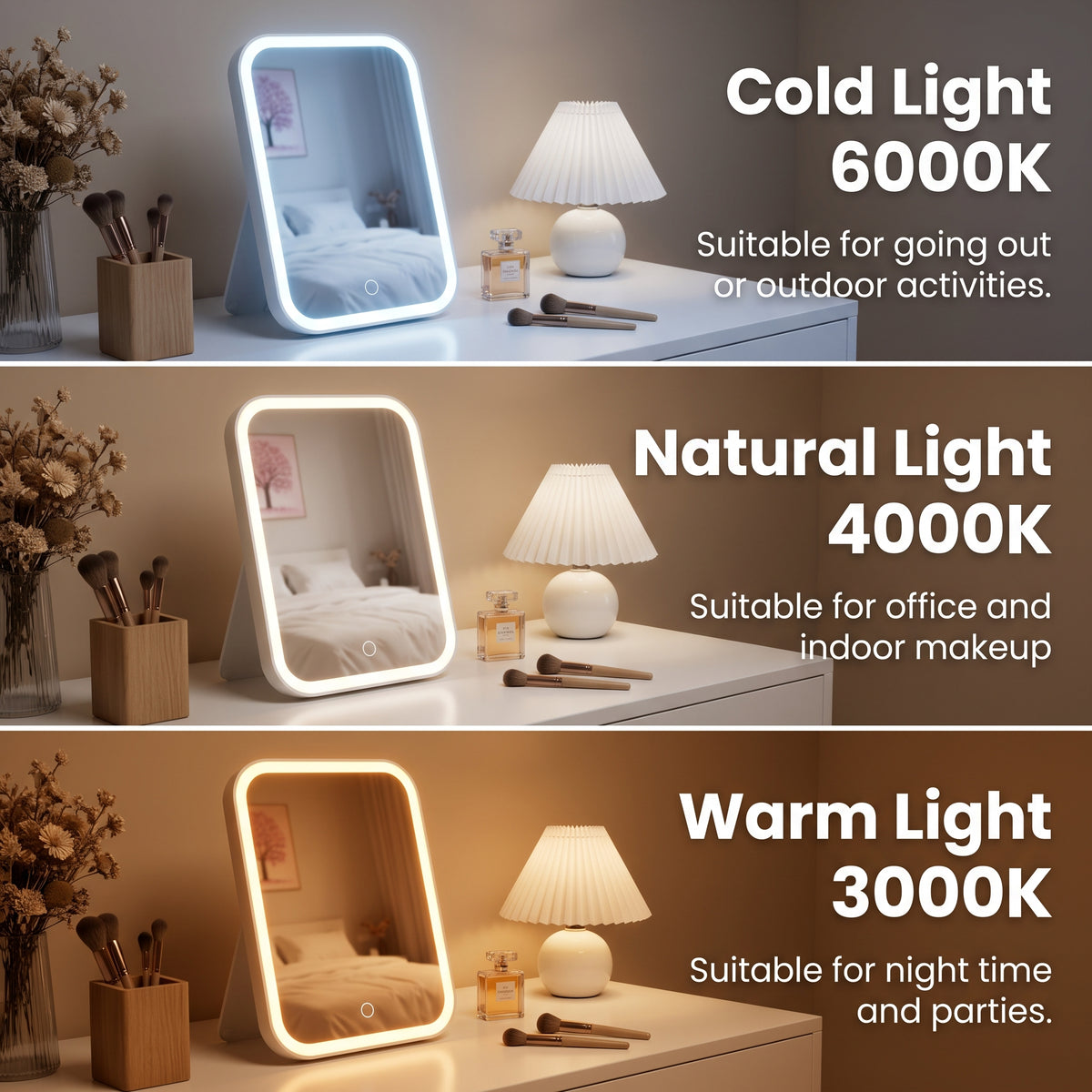 Bokyan LED Makeup Mirror, Touch Control Vanity Mirror with Lights, 90°Rotation Stand, 3 Lighting Modes, White