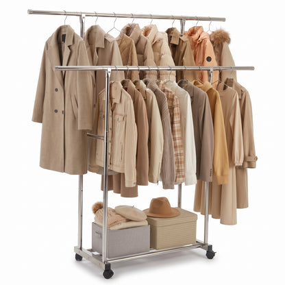 Riousery Double Rod Clothes Rack with Wheels, Adjustable Height and Extendable Width Garment Rack, Stainless Steel Clothing Rack for Bedroom, Closet, Laundry Room