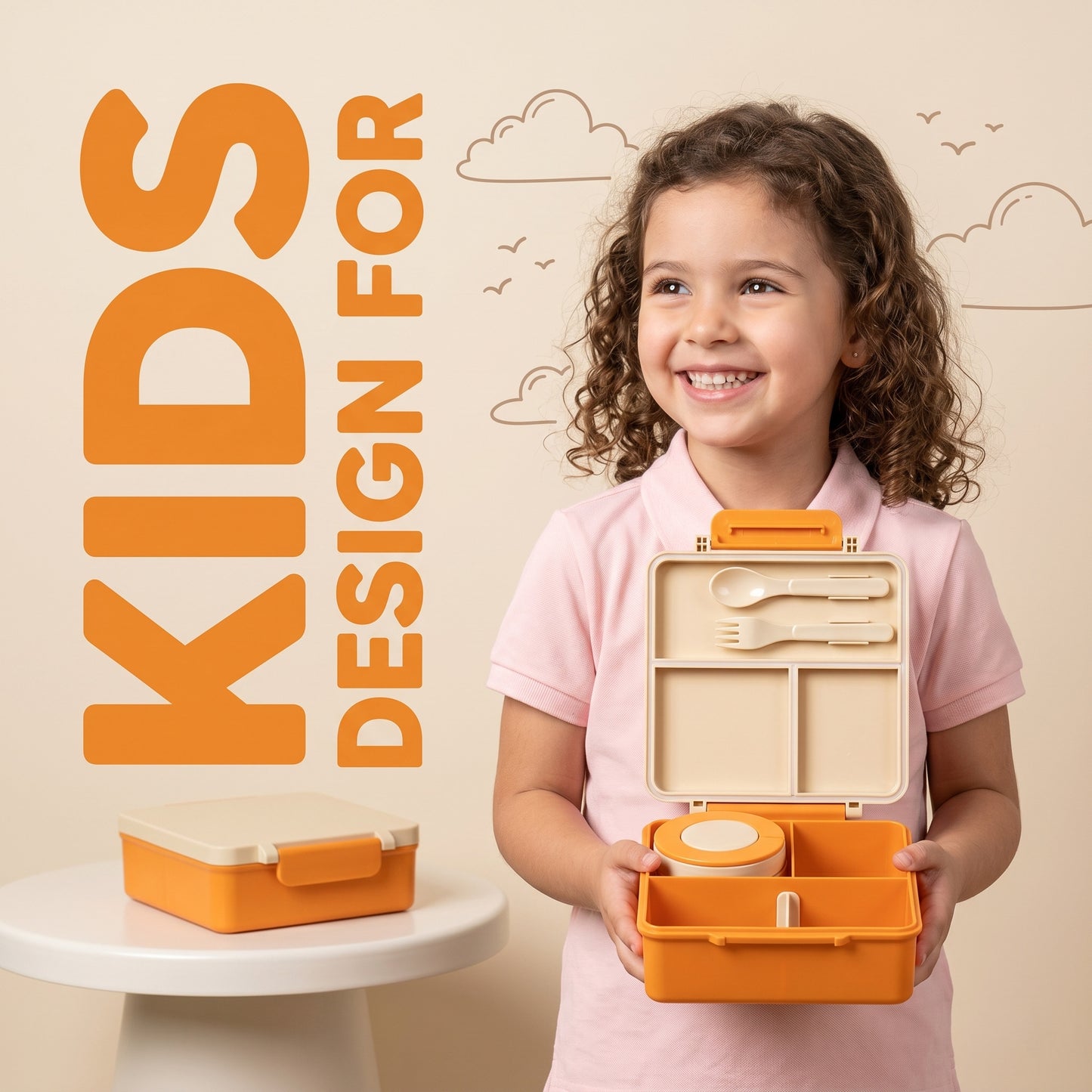 M Buder 1700ML Bento Box for Kids, Leak-Proof Lunch Box with 3 or 4 Compartments, 350 ml Insulated Food Jar, Fork, Spoon, Orange
