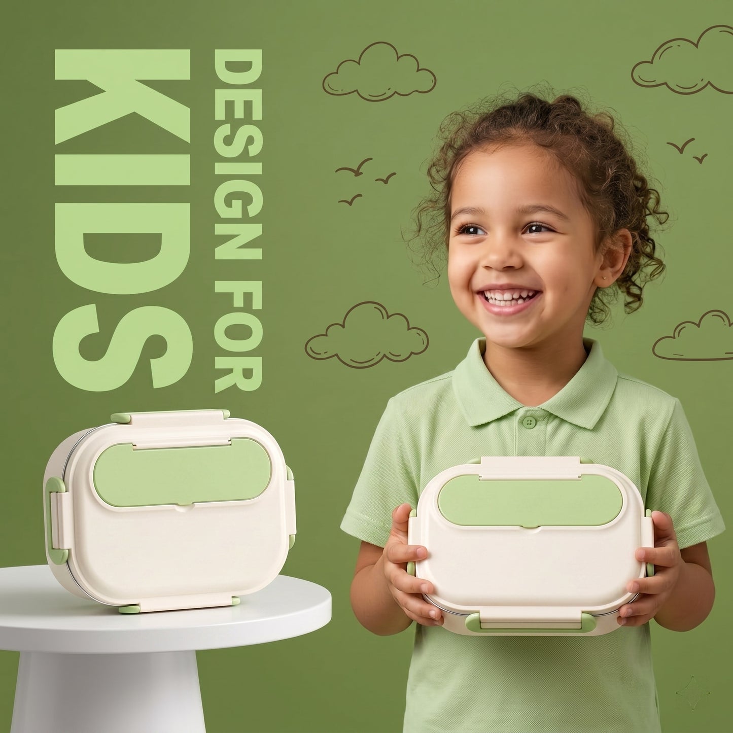 M Buder Bento Box for Kids, Leak-Proof 304 Stainless steel Lunch Box with 5 Compartments , Double Insulated Food Jar, Fork, Spoon, Green