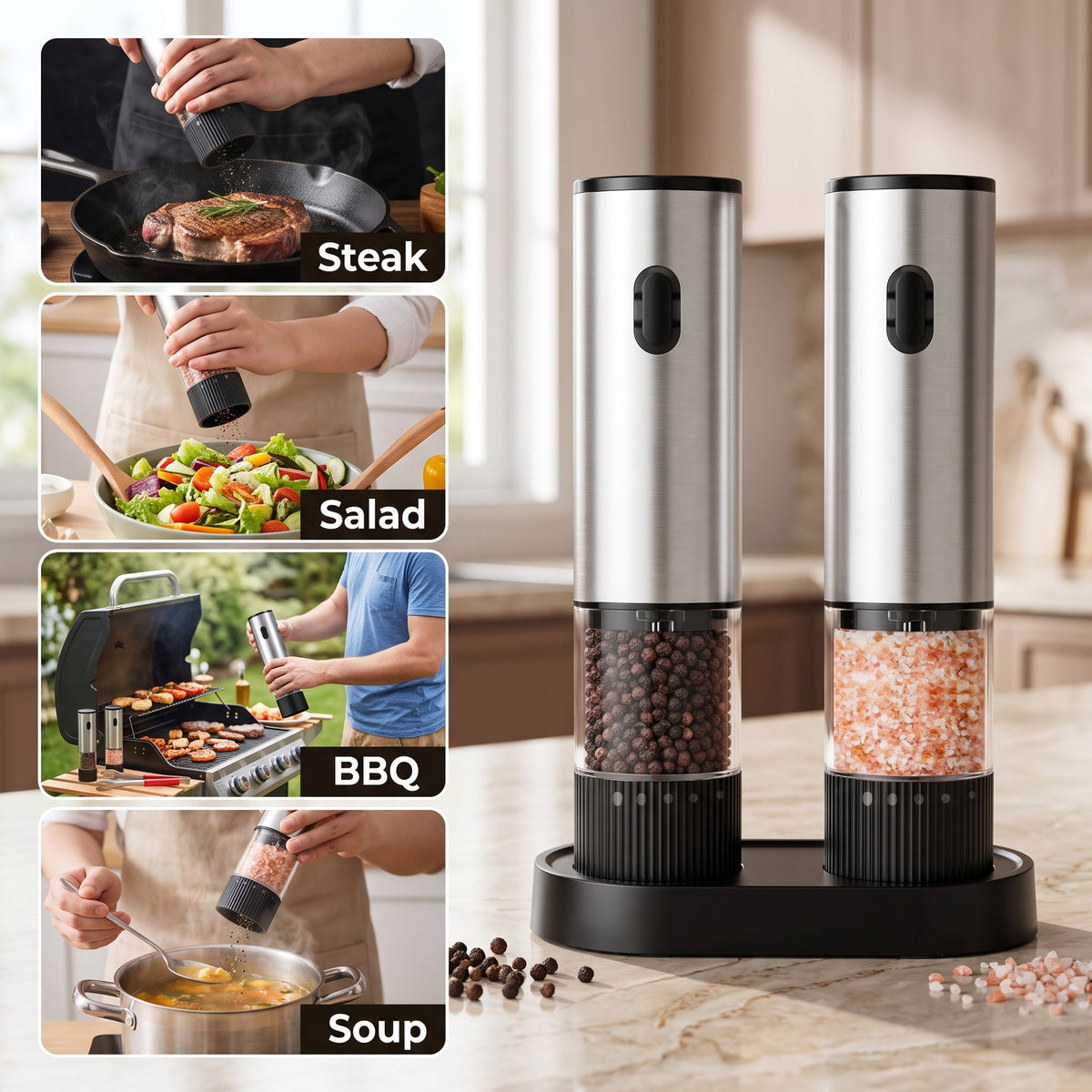 M Buder Electric Salt and Pepper Grinder Set, USB Charge Salt Grinder with Hold Stand, Pepper Mill Shakers Adjustable Coarseness Easy Filling, 2 Pack, Silver
