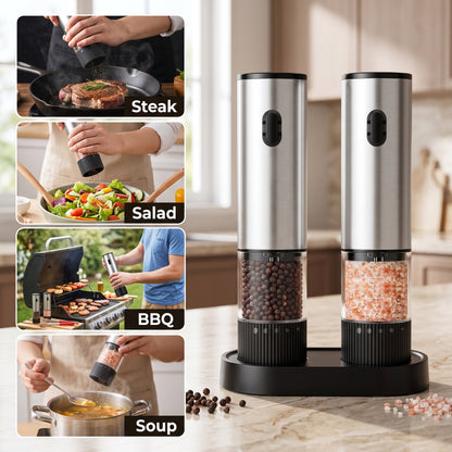 M Buder Electric Salt and Pepper Grinder Set, USB Charge Salt Grinder with Hold Stand, Pepper Mill Shakers Adjustable Coarseness Easy Filling, 2 Pack, Silver