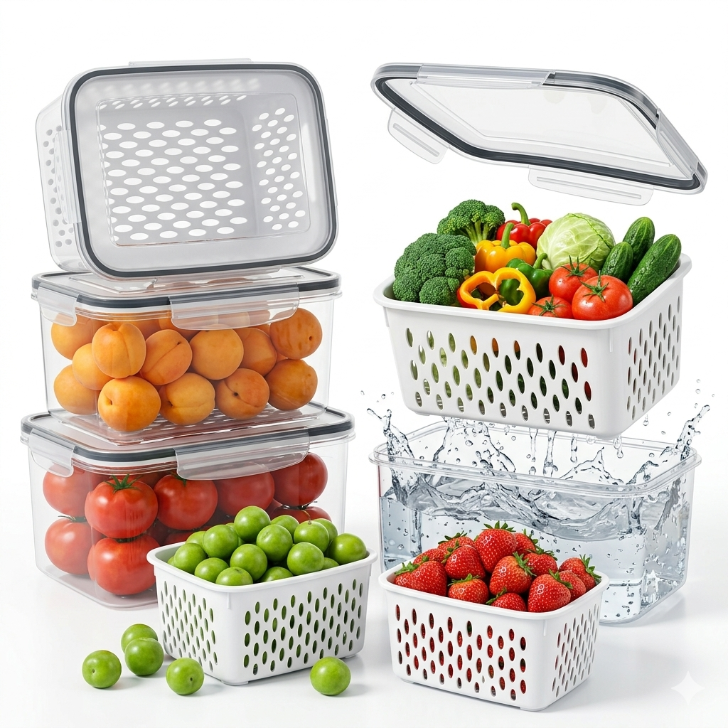 M Buder Fruit Storage Containers for Fridge, 3 PCS Leakproof Food Storage Containers with Removable Colander, Produce Containers keep Fruits, Vegetables, Snacks and Food Fresh Longer