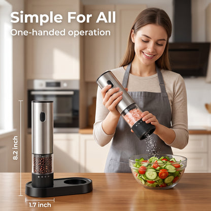 M Buder Electric Salt and Pepper Grinder Set, USB Charge Salt Grinder with Hold Stand, Pepper Mill Shakers Adjustable Coarseness Easy Filling, 2 Pack, Silver