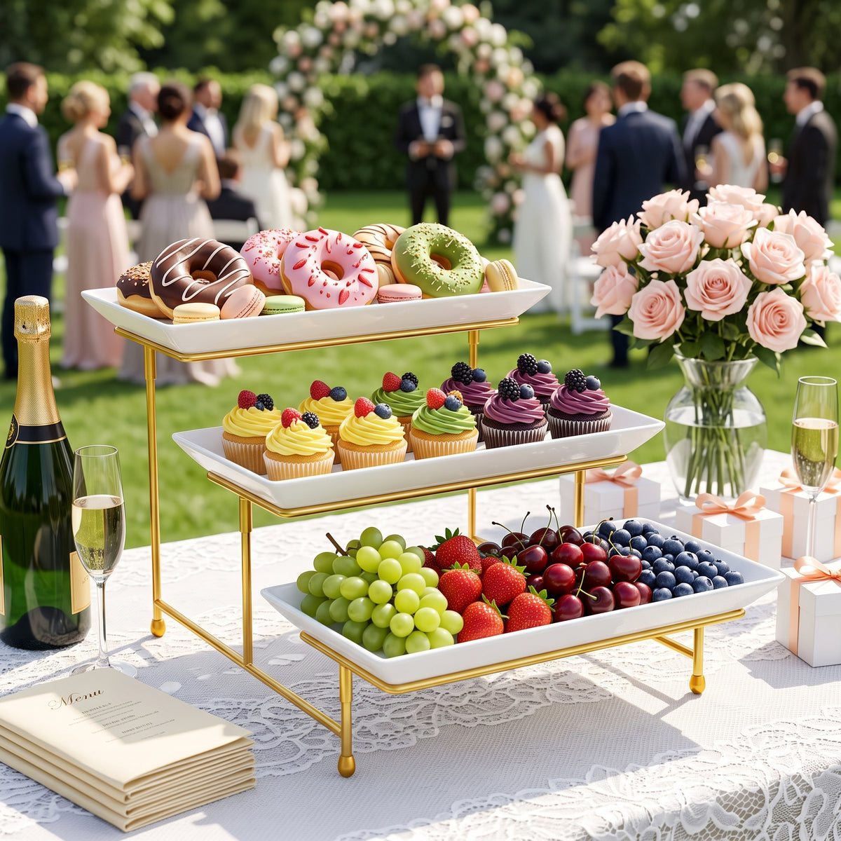 M Buder 3 Tier Serving Tray Set, 12"Reusable Serving Tray for Party, Tiered Serving Trays Platters with Collapsible Sturdier Stand for Veggie, Fruit, Dessert