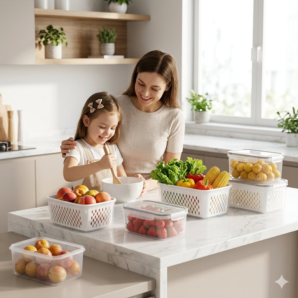 M Buder Fruit Storage Containers for Fridge, 3 PCS Leakproof Food Storage Containers with Removable Colander, Produce Containers keep Fruits, Vegetables, Snacks and Food Fresh Longer
