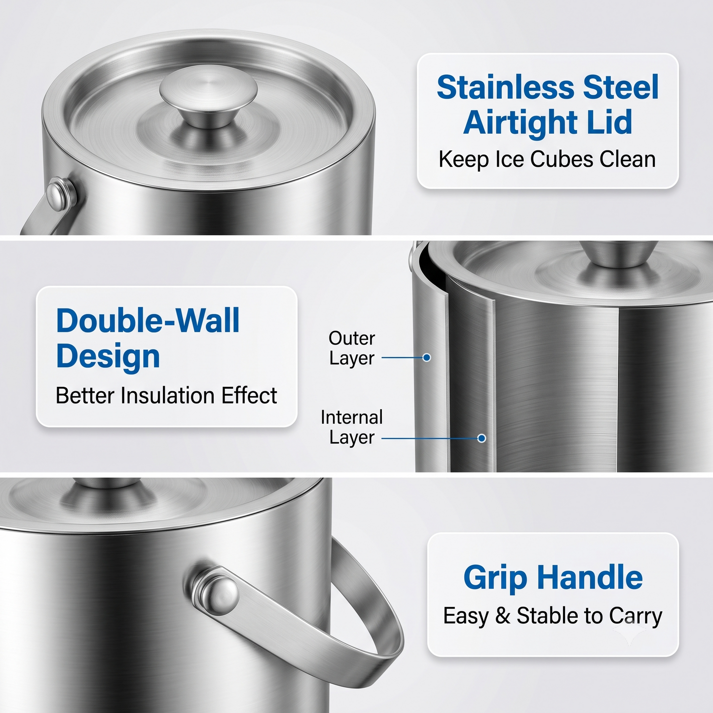 M Buder 3L Double Wall Ice Bucket, Stainless Steel Insulated Ice Bucket with Lid, Scoop for Parties & Cocktail Bar, Ideal for Gift