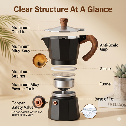 M Buder 6 Cup Moka Pot, Stovetop Espresso Pots, Italian Coffee Maker, 10oz Moka Express for Camping, Aluminium, Beige