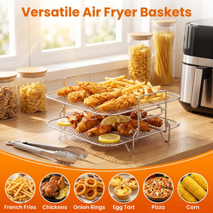M Buder Dual-Layer Air Fryer Rack, Stackable Dehydrator Air Fryer Basket with Support Legs, Stainless Steel Air Fryer Accessories for Baking Roasting, Oven & Dishwasher Safe
