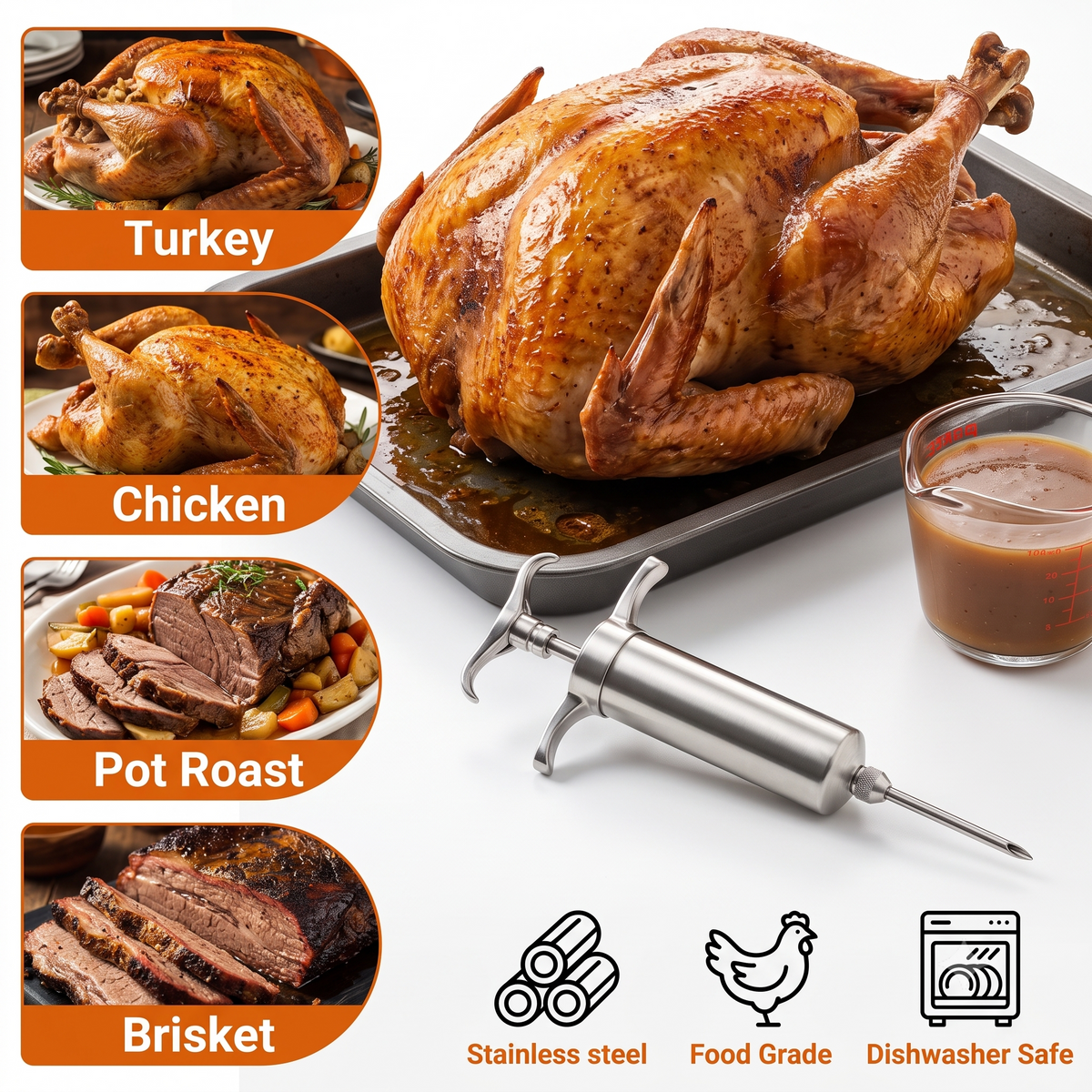 M Buder Stainless Steel Meat Injector Syringe Kit, Meat Injector with 3 Marinade Needles, Silicone & Cleaning brush, Injector Marinades for Meat, Turkey, Brisket