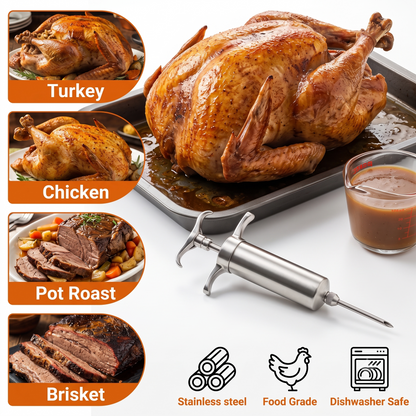 M Buder Stainless Steel Meat Injector Syringe Kit, Meat Injector with 3 Marinade Needles, Silicone & Cleaning brush, Injector Marinades for Meat, Turkey, Brisket