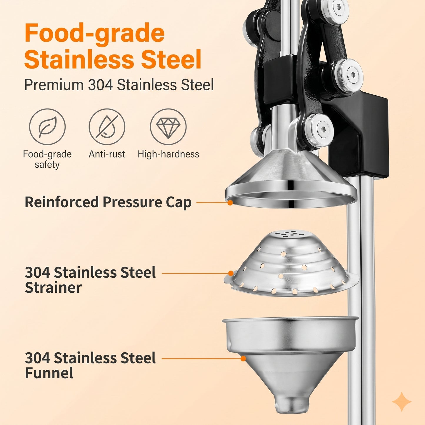M Buder Manual Juicer, 304 Stainless Steel Hand Juicer Squeezer Easy Juicing, Fruit Squeezer Ergonomic & Easy to Clean Manual Citrus Juicer, Black