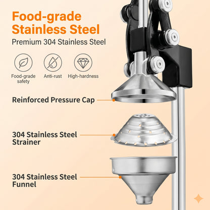 M Buder Manual Juicer, 304 Stainless Steel Hand Juicer Squeezer Easy Juicing, Fruit Squeezer Ergonomic & Easy to Clean Manual Citrus Juicer, Black