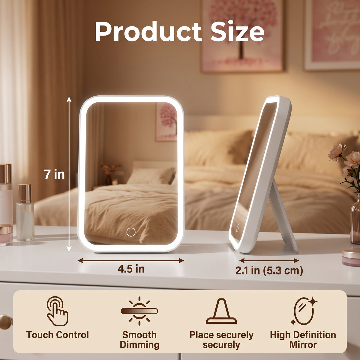 Bokyan LED Makeup Mirror, Touch Control Vanity Mirror with Lights, 90°Rotation Stand, 3 Lighting Modes, White