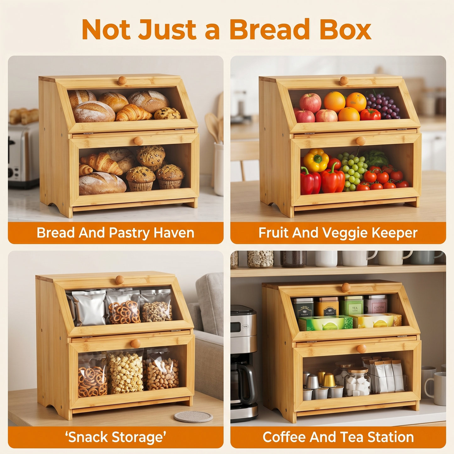 M Buder 2-Layer Wood Bread Box, Bamboo Bread Box for Kitchen Counters, Wooden Bread Storage Organizer with Clear Acrylic Doors, Ventilation and Flat Top