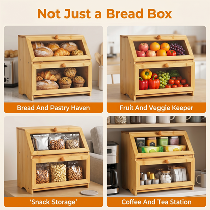 M Buder 2-Layer Wood Bread Box, Bamboo Bread Box for Kitchen Counters, Wooden Bread Storage Organizer with Clear Acrylic Doors, Ventilation and Flat Top