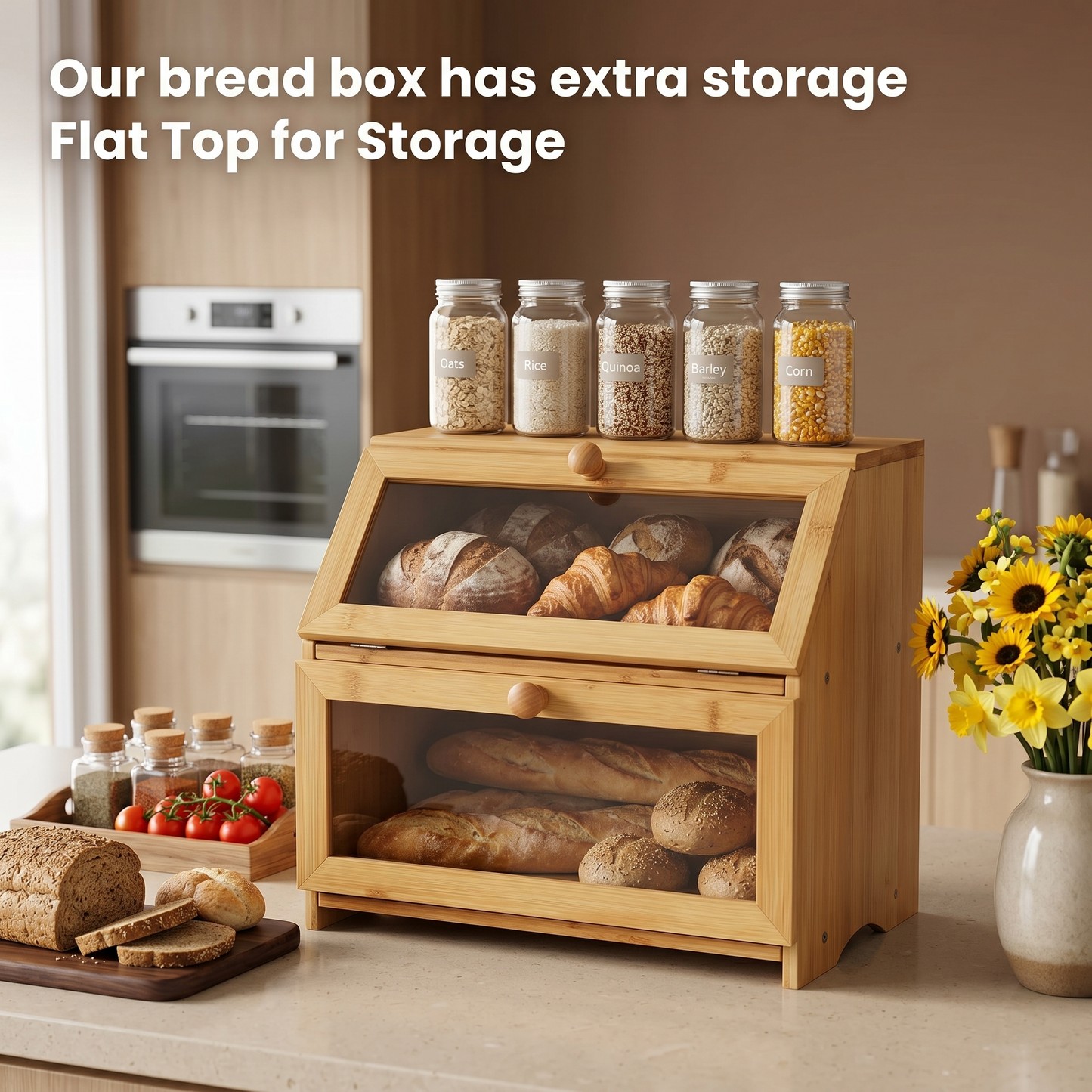 M Buder 2-Layer Wood Bread Box, Bamboo Bread Box for Kitchen Counters, Wooden Bread Storage Organizer with Clear Acrylic Doors, Ventilation and Flat Top