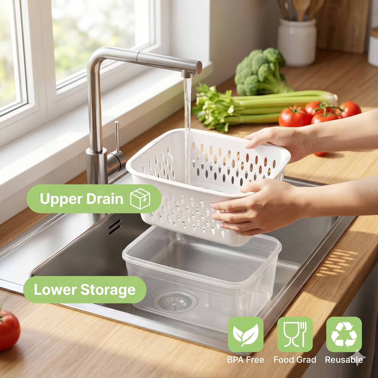 M Buder Fruit Storage Containers for Fridge, 3 PCS Leakproof Food Storage Containers with Removable Colander, Produce Containers keep Fruits, Vegetables, Snacks and Food Fresh Longer