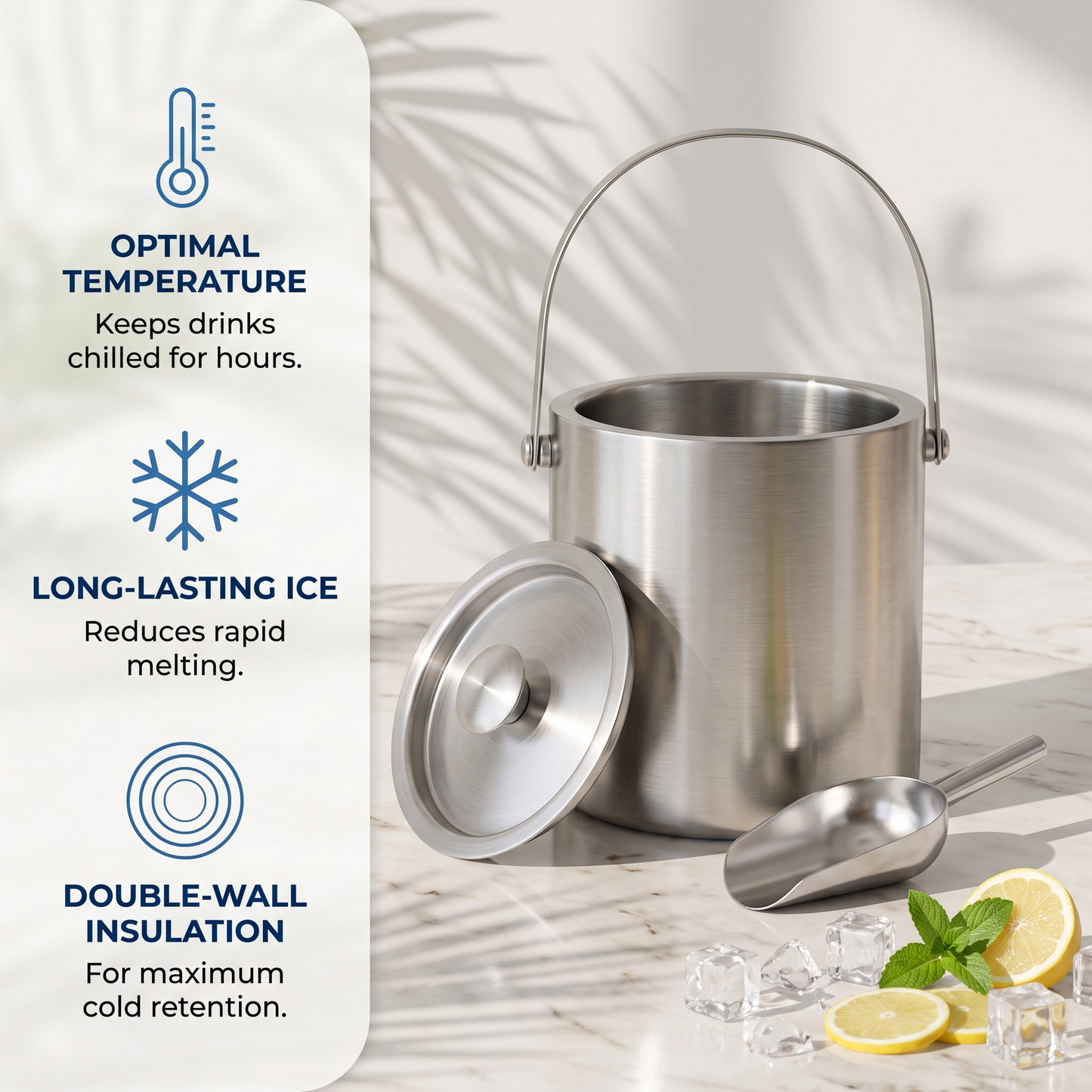 M Buder 3L Double Wall Ice Bucket, Stainless Steel Insulated Ice Bucket with Lid, Scoop for Parties & Cocktail Bar, Ideal for Gift