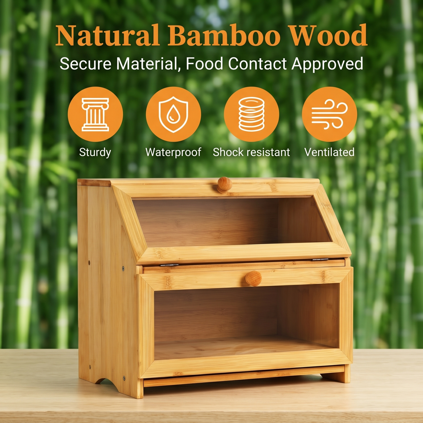 M Buder 2-Layer Wood Bread Box, Bamboo Bread Box for Kitchen Counters, Wooden Bread Storage Organizer with Clear Acrylic Doors, Ventilation and Flat Top