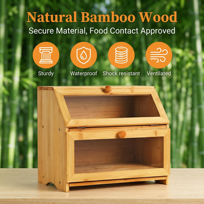 M Buder 2-Layer Wood Bread Box, Bamboo Bread Box for Kitchen Counters, Wooden Bread Storage Organizer with Clear Acrylic Doors, Ventilation and Flat Top
