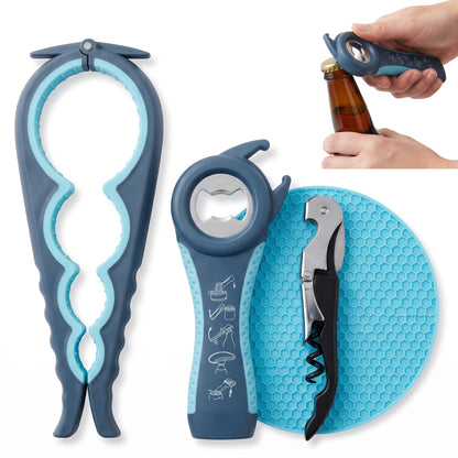 M Buder Jar Opener Set for Weak Hands, 5-in-1 Multi-Function Bottle Opener and Lid Opener for Seniors with Arthritis, Non-Slip Silicone Gripper Pad, Blue