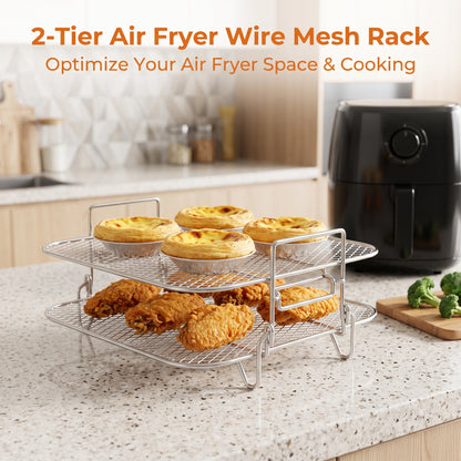 M Buder Dual-Layer Air Fryer Rack, Stackable Dehydrator Air Fryer Basket with Support Legs, Stainless Steel Air Fryer Accessories for Baking Roasting, Oven & Dishwasher Safe