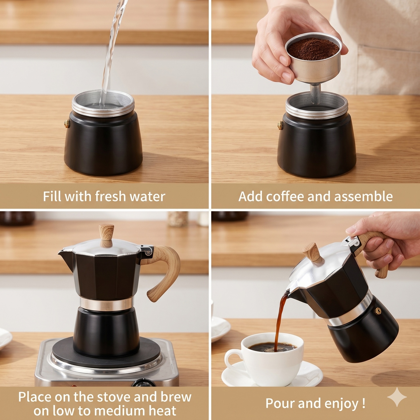 M Buder 6 Cup Moka Pot, Stovetop Espresso Pots, Italian Coffee Maker, 10oz Moka Express for Camping, Aluminium, Beige